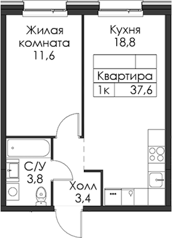 1-комнатная квартира 37.6 м², 7/8 эт., ЖК «Шкиперский 19»